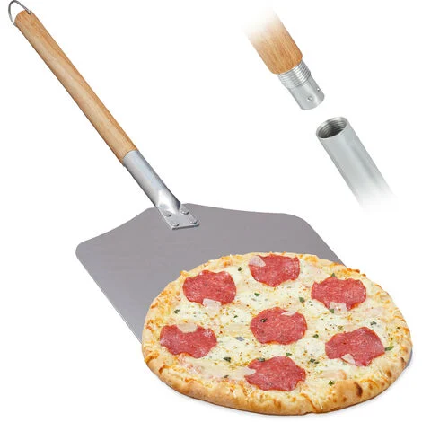 Relaxdays Pala per Pizza, in Alluminio, Manico Lungo in Legno, Paletta da Forno Pizzeria, 30,5x30,5 cm, naturale/argento