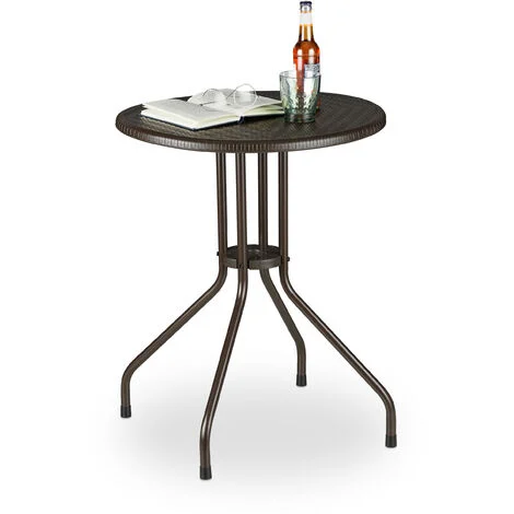 Relaxdays Tavolo Rotondo da Esterno, Aspetto Rattan, Tavolino Balcone Piccolo, Plastica e Metallo, HD: 74x60 cm, Marrone