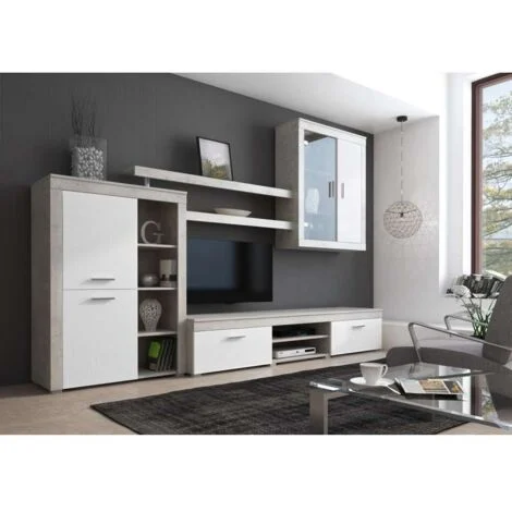 Parete Soggiorno Camberra in Bianco e Cemento - 290x50x200 cm