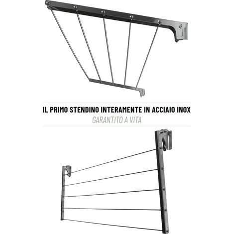 Stendibiancheria da Esterno a Parete 150cm x 50cm Totalmente in Acciaio inox AISI 304 - Ideale per l'esterno