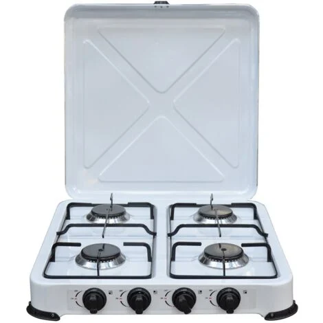 Fornello a gas 4 fuochi in acciaio smaltato bianco 4,4 Kw con piedini antisdrucciolo cm 49X50X11 h campeggio pic nic