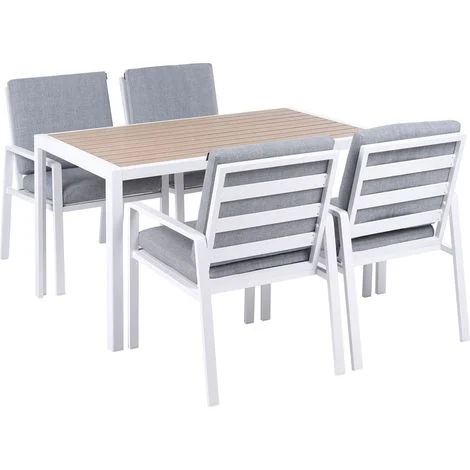 Set da pranzo da giardino 4 pezzi Tavolo e sedie Struttura in alluminio Piano a doghe con cuscini Bianco e grigio Visso