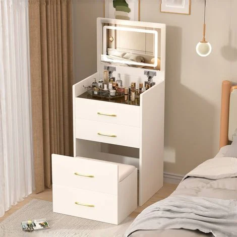 Toeletta con specchio LED a 3 colori, 3 cassetti, sgabello salvaspazio integrato, mobiletto per il trucco 60×40×118 cm, MDF, bianco