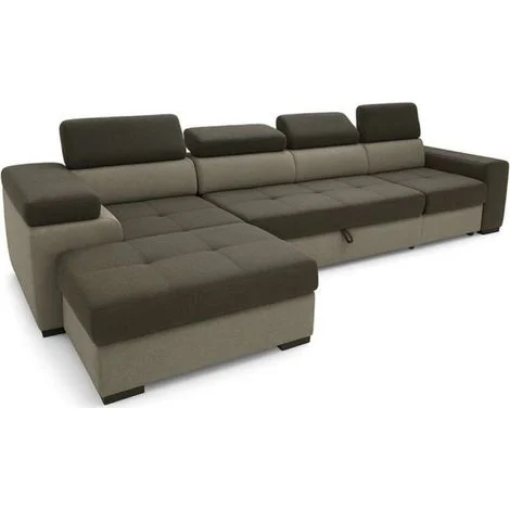 Divano Letto Angolare con Contenitore e 2 Pouf in Tessuto Marrone Beige - Antonello Domo Mea