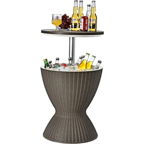 Secchiello Ghiaccio 30 L, Tavolino da Tavolo Bar Rattan 2 in 1, Portaghiaccio per Bottiglie, con Altezza Regolabile, Ideale per Feste (Marrone)