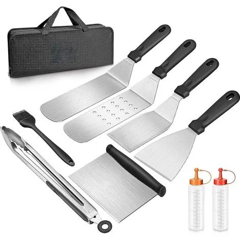 Set di 9 spatole in acciaio inox, set di accessori professionali per piastra barbecue, set di utensili per spatola per barbecue, spatola per piastra Teppanyaki