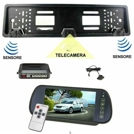 PORTATARGA CON TELECAMERA E SENSORI DI PARCHEGGIO MONITOR SPECCHIETTO DA 7"