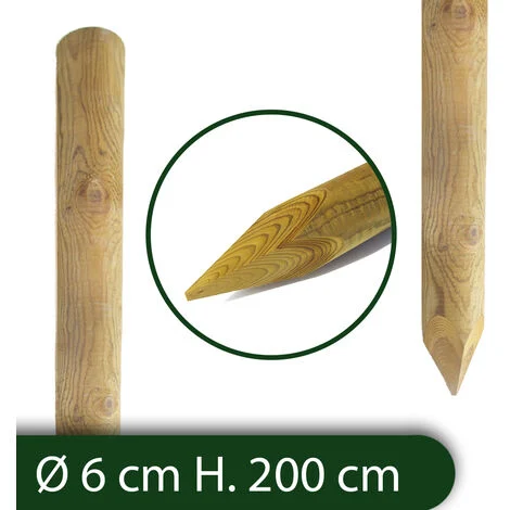 10PZ Pali tondi in legno con punta per recinzione impregnati Ø 6x200 CM