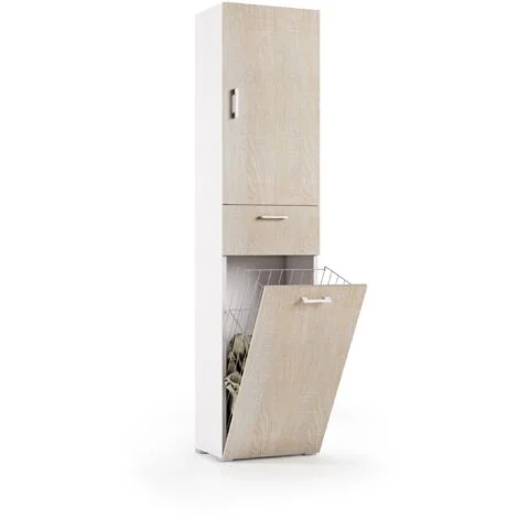 Mobile lavanderia 45x32x195 cm bianco e rovere chiarocon anta, cassetto e cestello portabiancheria - Acero