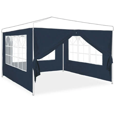 Relaxdays Tende per Gazebo Laterali, Set da 4, Telo Impermeabile in PVC, Pareti 3x2 m, 3 con Finestre, Parasole, Blu
