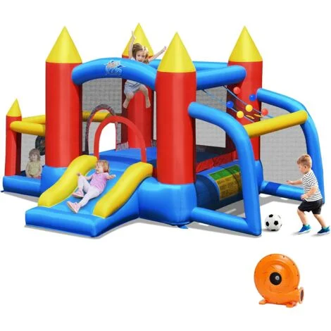 COSTWAY Castello Gonfiabile per Bambini, con Scivolo, 60 Palline, Borsa di Trasporto e Kit di Riparazione, per 4 Bambini 3-10 Anni, Soffiatore Incluso, Regalo Perfetto per Bambini