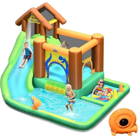 COSTWAY Castello Gonfiabile per Bambini, Parco Acquatico con Scivolo per Bambini, Piscina Trampolino e Palline, con Borsa da Trasporto, per 5 Bambini 3-10 Anni (con Compressore)