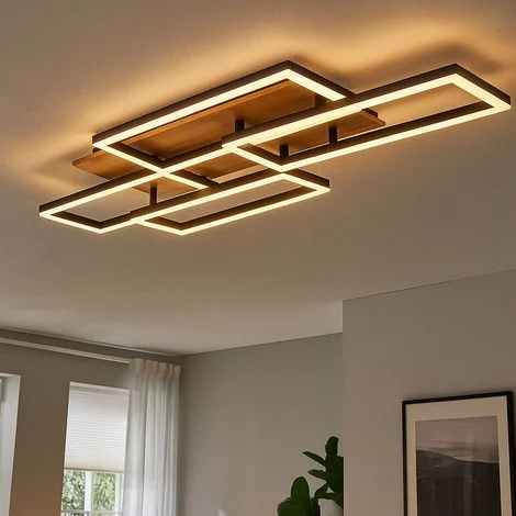Plafoniera a LED telecomando lampada da soffitto dimmerabile per soggiorno effetto legno, timer CCT, metallo nero, 40W 2700Lm bianco caldo-freddo, LxLxH 87,5x32,5x7,5