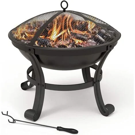 VOUNOT Braciere da Esterno Ø 55 cm con Copertura Protettiva, Braciere da Giardino incl Attizzatoio, Nero, per Campeggio Riscaldamento Terrazza