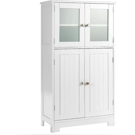 COSTWAY Armadietto del Bagno con 4 Ante, Armadietto con Ante di Vetro, Credenza di Legno con Mensole Regolabili, Organizer Multiuso per Casa Corridoio Salone Ufficio, Bianco