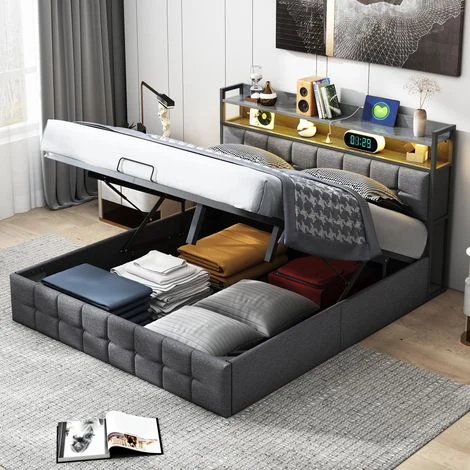 Letto contenitore 160x200 cm con LED e prese USB/Type-C, rete a doghe con pistoni idraulici, design moderno, lino, grigio