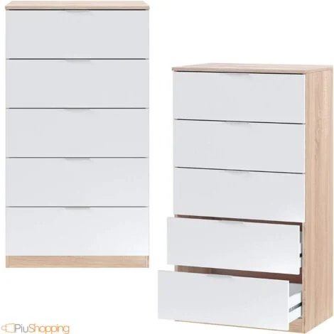 Cassettiera Camera da Letto Settimino 5 Cassetti in Legno Mobile Moderno - Bianco e Rovere 60x40x110
