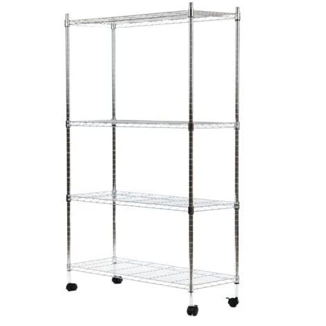 scaffale in metallo cromato 4 ripiani con ruote, 89x34x142 cm