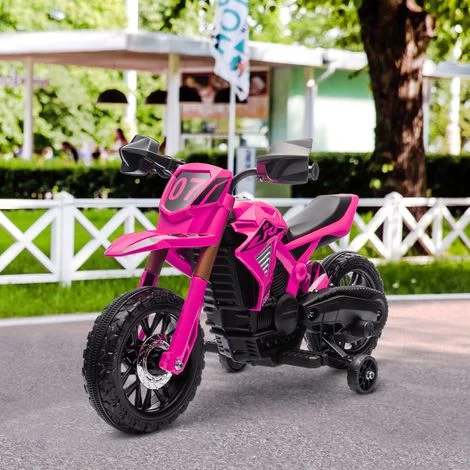 Moto da cross elettrica per bambini dai 3 agli 8 anni, batteria da 6V, 2 motori, clacson e rotelle stabilizzatrici, portata massima 30 kg, colore rosa.