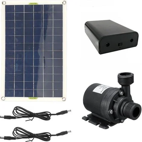 Kit pompa solare da 50 W per laghetti da giardino e piscine con prevalenza di 5 m, portata di 800 l/h, bassa rumorosità, struttura in ABS, vano batteria da 12 V CC.