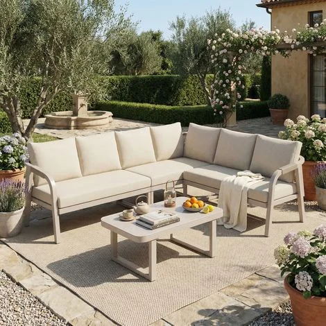 REDOM Salotto da giardino angolare 6 posti divano angolare con tavolino, braccioli e schienali intrecciati, acciaio e poliestere beige