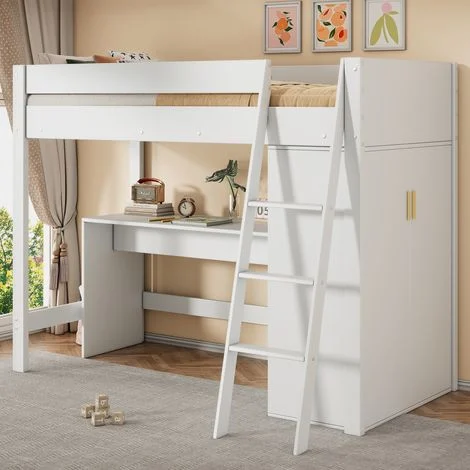 Letto a soppalco per bambini, lettino multifunzionale, con scala, con scrivania, con armadio, liberamente combinabile, senza materasso, legno massiccio, bianco 90200