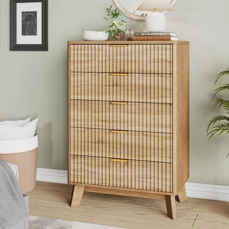 Settimanale 73x40x108 cm con 5 cassetti e maniglie dorate Stile Art Déco - MDF e pino - naturale