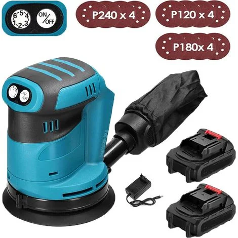 Levigatrici orbitali e rotorbitali,Levigatrice palmare senza fili e senza spazzole da 5", con sacchetto antipolvere, 12 dischi + batteria da 2x 3,0 A+ caricabatterie ， compatibile con batteria Makita
