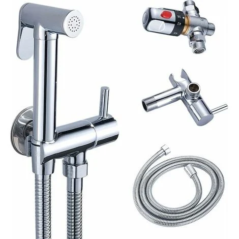Set bidet per WC con miscelatore termostatico e doccetta per un'igiene intima ottimale, resistente alle scottature, realizzato in ottone cromato.