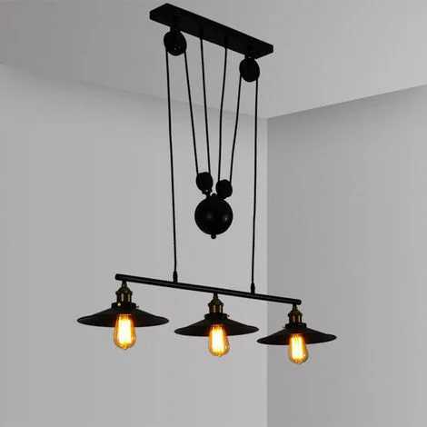 Lampada a Sospensione, 3 Luci Vintage Lampadario da Soffitto Regolabile con Paralume, Illuminazione a Puleggia Edison E27 per Cucina Isaland Camera da Letto (Nero)