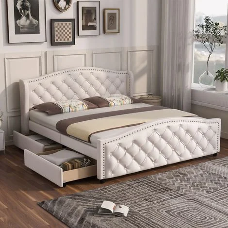 Letto imbottito in similpelle bianca 160x200 cm con rete a doghe, 2 cassetti contenitore e testiera imbottita