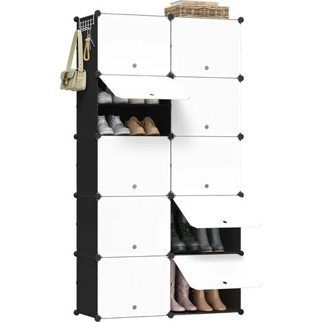 WOLTU Scarpiera Modulare 10 Scomparti Mobile Porta Scarpe Componibile 40 Paia Salvaspazio, Bianco + Nero