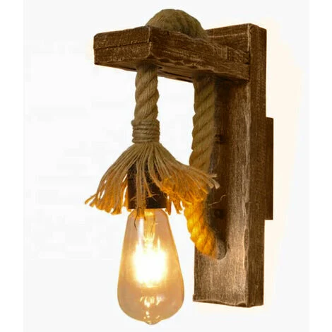 Applique lampada da parete in legno e corda di canapa E27 stile classico country