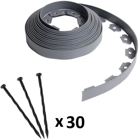 Bordo da giardino flessibile grigio - 4 cm x 10 m con 30 picchetti di ancoraggio