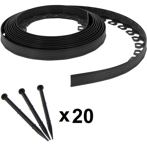 Bordura flessibile nera per giardino - 3,8 cm x 10 m con 20 picchetti di fissaggio