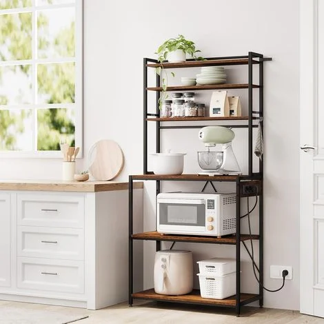 WOLTU Scaffale da Cucina con Prese di Corrente, Scaffale da Panetteria, Portaoggetti a 6 Ripiani con 6 Ganci, per Microonde, 80x40x167cm, Marrone Rustico+Nero