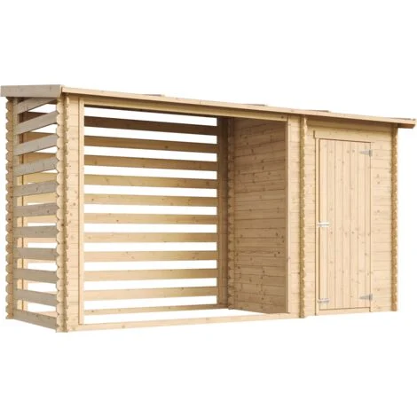 Casetta da Giardino in Legno per Esterni con legnaia- A199x348x146 cm - 2,54 m2+1,1 m2 - Piccola Casetta in Legno, Rimessa Attrezzi - TIMBELA M205