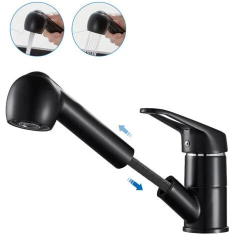 Rubinetto da cucina Auralum nero con doccetta estraibile da 50 cm, miscelatore a 2 getti, acqua calda e fredda, miscelatore per lavello da cucina