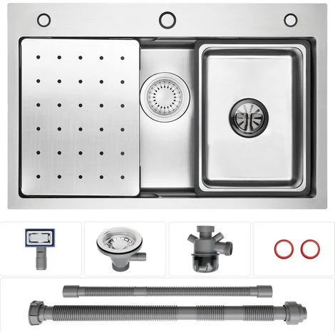 CECIPA MAX Lavello in acciaio inox 70x45 cm, lavello da cucina a vasca singola con doppio gradino + sbrinamento e cestello filtrante, lavello da incasso artigianale, argento
