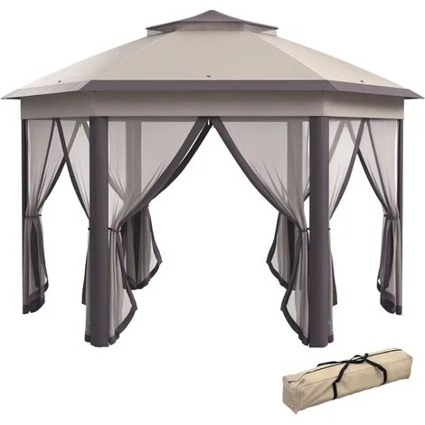 Pergola 4x4m Impermeabile Pop-up pergola pieghevole esagonale, doppio tetto, pergola da giardino con 6 pannelli laterali, tenda da festa incl. borsa da trasporto, per giardino, terrazza, festival, caf