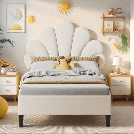 Letto singolo imbottito 90x200 cm - con testiera floreale - rete a doghe - tessuto in velluto - adatto a bambini e ragazzi - Beige