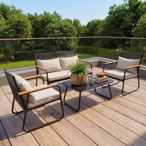 HOMAVO Set di Divani da Esterno a 4 Posti in Rattan, Cuscini Spessi, Schienali Rimovibili, Struttura in Metallo ad Alta Portata Resistente all’Acqua