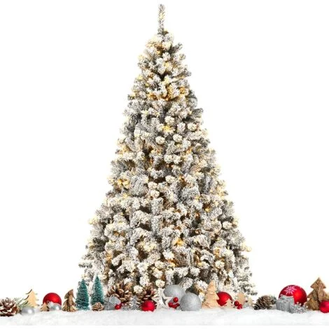 COSTWAY Albero di Natale Innevato 180/225 cm, Albero di Natale con 250/450 Luci a LED Bianco Caldo, 600/1010 Rami Folti e Base Metallica, Albero di Natale Slim per Casa, Ufficio e Negozio (225 cm)