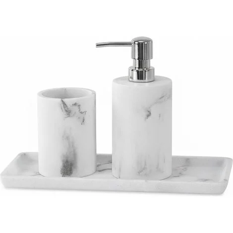 Set accessori bagno effetto marmo 3 pezzi con dispenser portaspazzolino e vassoio in resina Ivy