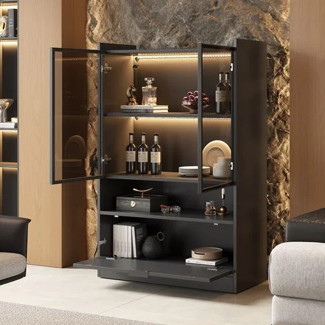 Vetrina 80x35x120 cm, con illuminazione a LED, due ante in vetro, quattro ripiani, nero opaco