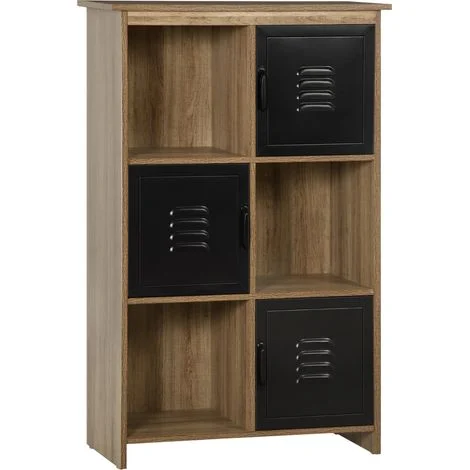 Mobile contenitore in stile industriale con 3 scomparti e 3 cassetti, finitura effetto legno e ante in metallo nero.