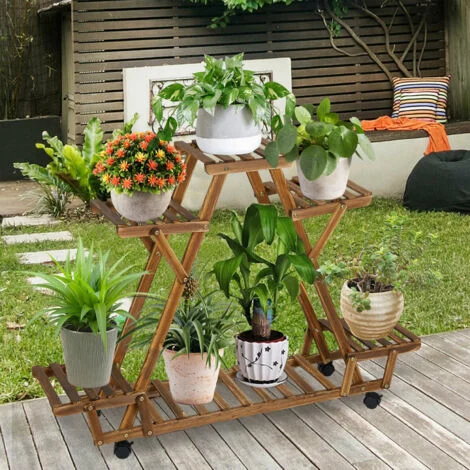 Scaffale Portafiori Portavasi per Piante Porta Piante in Legno con Ruote interno a 6 Ripiani Espositore balcone esterno 91x25x81cm