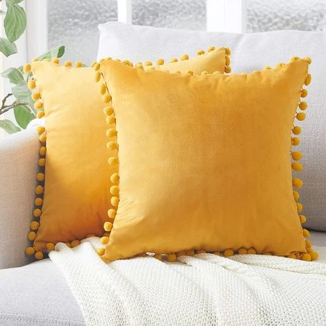 Set di 2 cuscini in velluto con pompon, federe decorative semplici, 45 x 45 cm, giallo