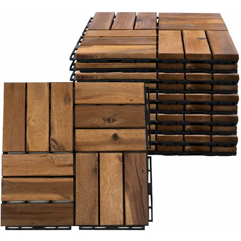 Piastrella in legno di acacia 30 x 30 cm Piastrelle per terrazze Sistema a incastro Piastrelle a incastro per esterni, resistente alle intemperie, antiscivolo, H 1,9 cm, set da 10