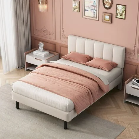 Letto imbottito, gambe in ferro, rete a doghe, design semplice, 140190, materasso non incluso, tessuto Sherpa, beige
